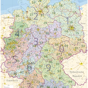 Postleitzahlenkarte von Deutschland, PLZ Wandkarte, A0, 84 cm x 114 cm, mit Laminierung