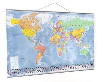 World map 70 x 100 cm with metal strips for hanging, laminated, in German