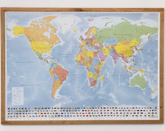 GeoMetro world map with frame made of oak wood (solid) for hanging, political status 2022, matt, 143 x 104 cm