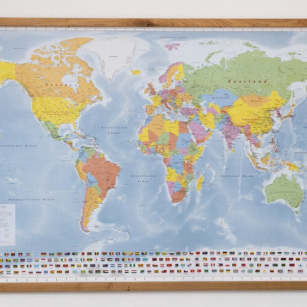 GeoMetro Weltkarte mit Rahmen aus Eichenholz (massiv) zum Aufhängen, politischer Stand 2022, matt, 143 x 104 cm