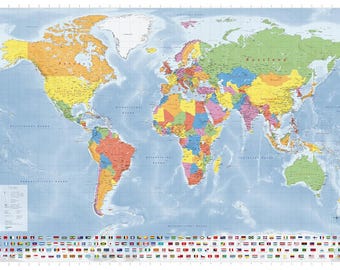 Große Weltkarte, politischer Stand 2024, 140 x 100 cm, Poster, Flaggen der Welt