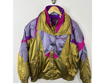 Vintage 80s Nevica Woman 10 Ski Jacket Neon Gold Loud Colorful Winter Coat Ski