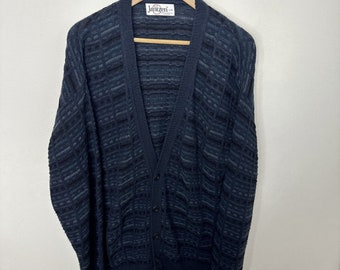 Vintage Jantzen Men L Sweater Knit Cardigan 80s Dad Cosby Grandad Blue Mohair V