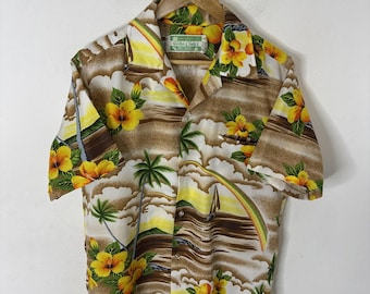 VTG 70s Waltah Clarke’s Hawaiian Shirt M Rainbow Sailboat Aloha Tiki Print