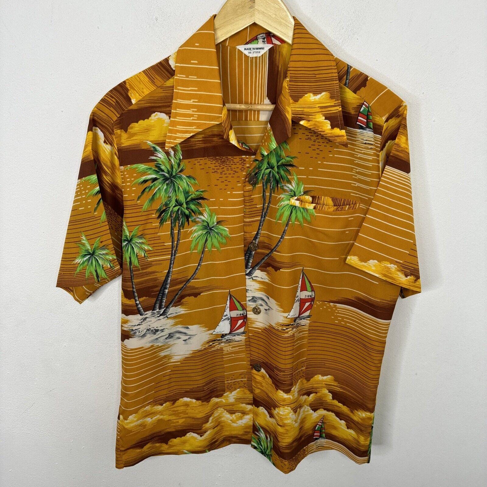 GVH Hawaiian Print Men's Button Orange Green Shirt Size M/L Hawaii