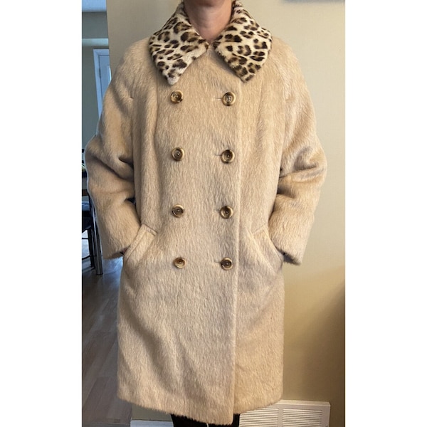 Vintage Eastex Woman 20 England 100% Mohair Overcoat Leopard Print Pea Coat 2X