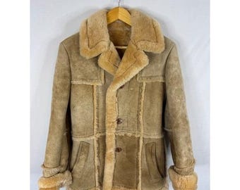 Cosa Nova Mens Genuine Shearling Sheepskin Coat Tan Suede Fur Jacket Size 36