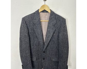 Harris Tweed Men 40S Short Wool Sports Coat Blazer Gray Blue
