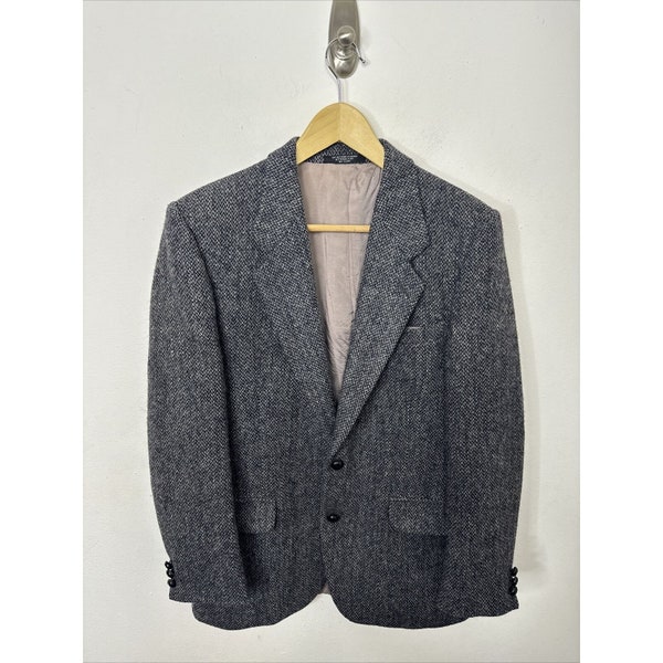 Harris Tweed Men 40S Short Wool Sports Coat Blazer Gray Blue