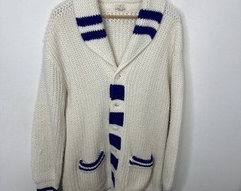 Vintage Kingsway Curling Cardigan Men L/XL White Blue Orlon Missing Button