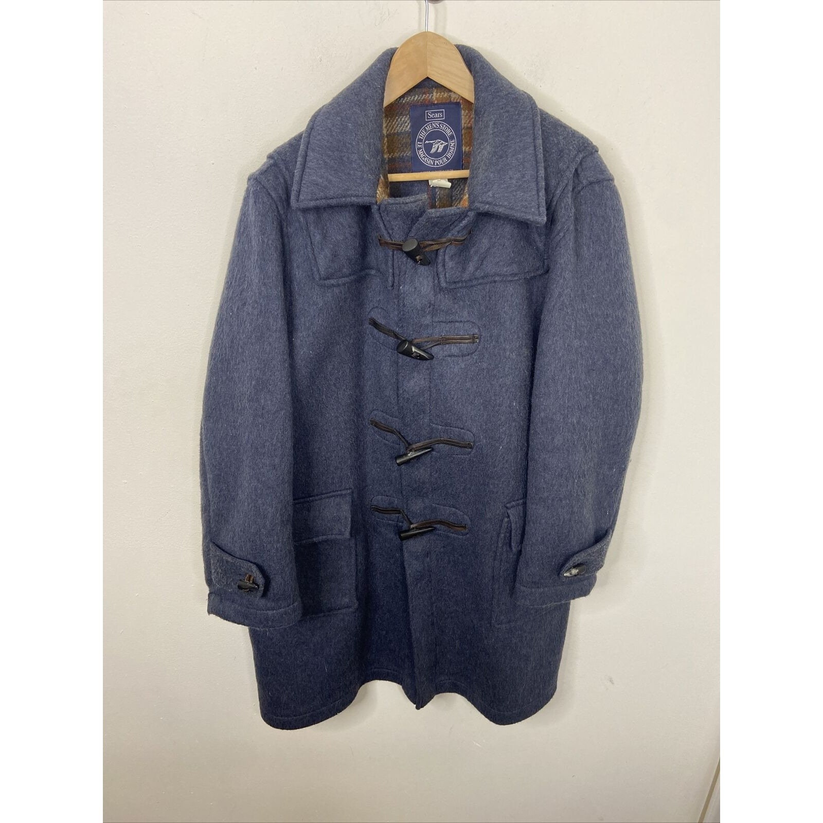 Vintage Sears Wool Men 44 L Duffle Coat Toggle Plaid Lining Blue Etsy Ireland