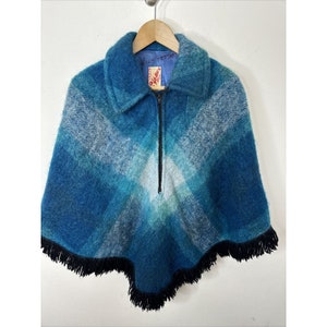 Vintage Hudson’s Bay 1970&#39;s Blue Plaid Mohair Fringe Poncho Coat Wool