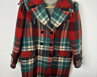 Vintage 50’s Woman L Plaid Wool Eatons Ayers Coat Rockabilly Fringe Western