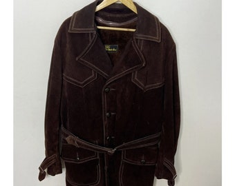 Casaco de couro de camurça pesada vintage Sears Western Ranch Cowboy Roughout masculino L/XL