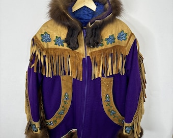 Vintage Indigenous Canadian Métis Beaded Tassels Wool Coat Fur Woman XL Damaged