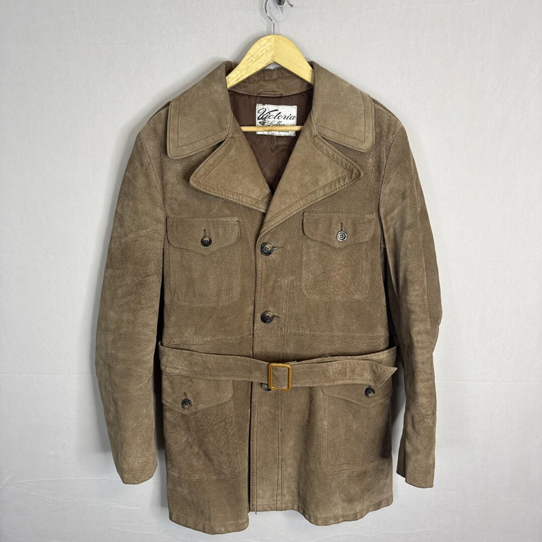 1970s Victoria Leather Suede Belted Safari Jacket Plaid Lined