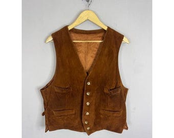 Chaleco vintage de ante y piel de reno Harvey Logan Italy, color marrón coñac, talla M