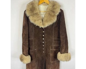 Vintage 70s Columbia Leather Brown Suede Sherpa Penny Lane Coat Size 16 Women
