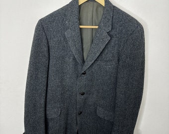 Harris Tweed Men 40 Wool Sports Coat Blazer Gray Blue 3 Button