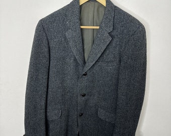 Harris Tweed Herren 40er Wolle Sport Sakko Blazer Grau Blau 3 Knöpf