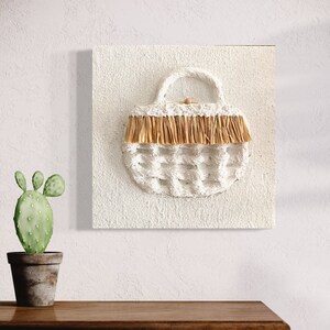 Raffiakonstverk, minimalistisk modern väggkonst, akryl på duk, skulpturpapper, vit texturerad målning, väggkonst med raffia