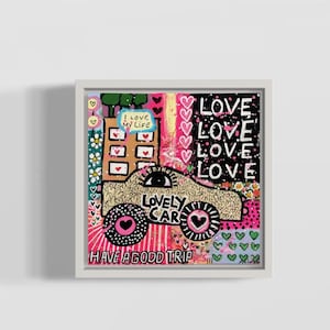 Cuadro artístico colorido con escritura Auto Love, Que tengas un buen viaje, arte callejero, cuadros pintados a mano, pintura abstracta, abstracto, cuadro artístico de coche, corazones