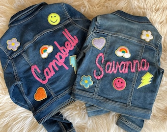 Baby Toddler Kids Personalized Name Embroidered Denim Jean Jacket with patches