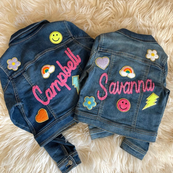 Baby Toddler Kids Personalized Name Embroidered Denim Jean Jacket with patches