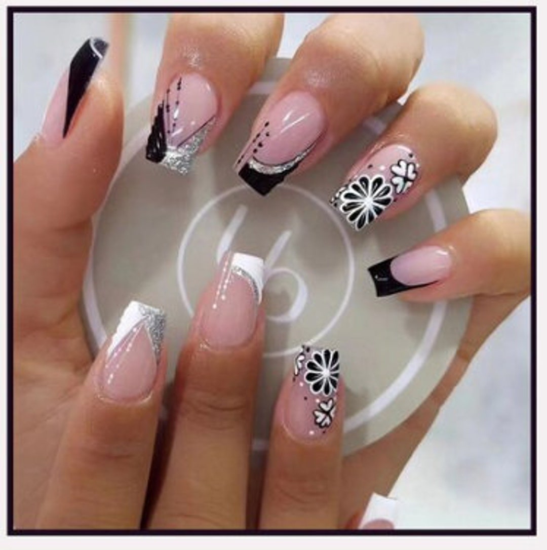 Press on Nails Black White French Tip Flower 24 Pieces - Etsy