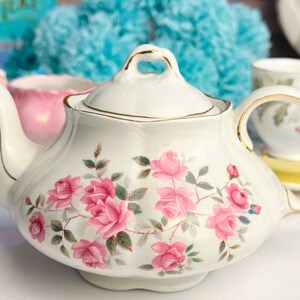 Dainty Vintage Floral Teapot Party Set in 3 Vintage Patterns- Rose Teapot, Roslyn Tea Cup, Creamer