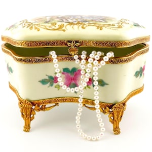Large Antique French Sevres Porcelain Jewelry and Trinket Box- Handpainted With Brass Accents