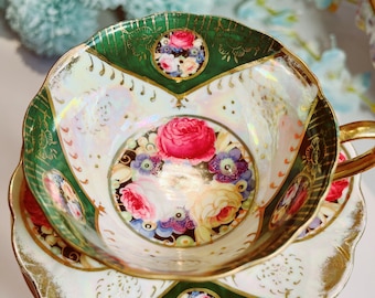 Antique Metasco Floral Lusterware Teacup, Gold Trim, Tripod Feet