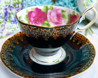 Rare Royal Albert Black Cup and Saucer with Gold Gilt, Old English Roses