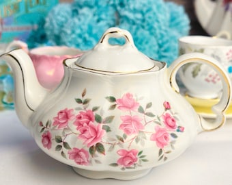 Dainty Vintage Floral Teapot Party Set in 3 Vintage Patterns- Rose Teapot, Roslyn Tea Cup, Creamer