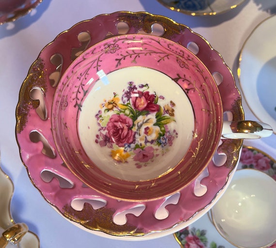 Vintage Barbie Pink Luster Teacup, Floral Gold Accents, Tripod