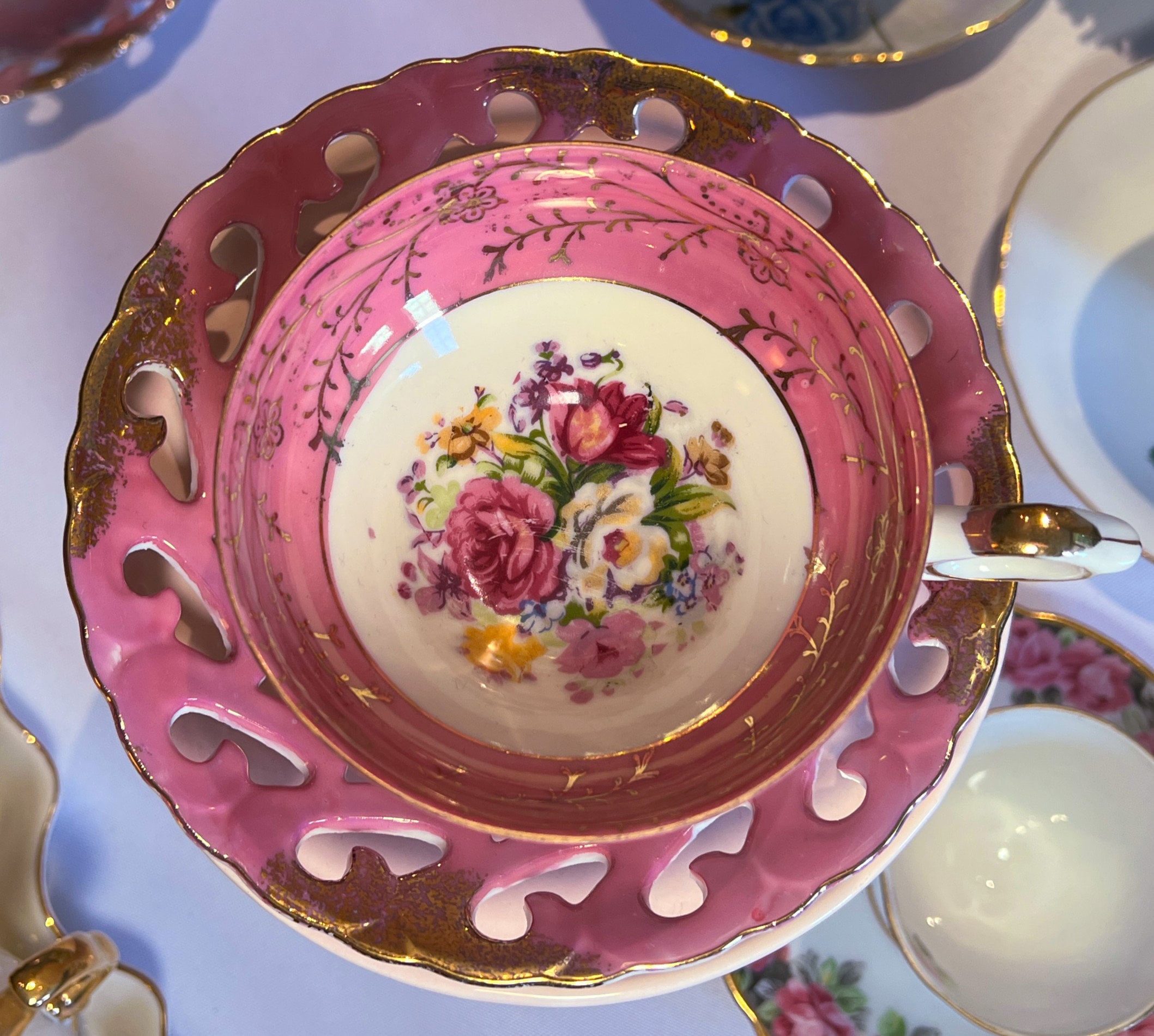 Vintage Barbie Pink Luster Teacup, Floral Gold Accents, Tripod