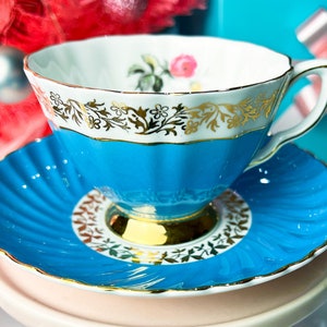 Vintage Turquoise Adderley Teacup with Pink Rose and Gold Gilt Detail