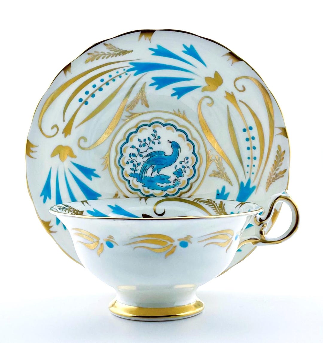Vintage Royal Chelsea Phoenix Wide Mouth Teacup in Turquoise and