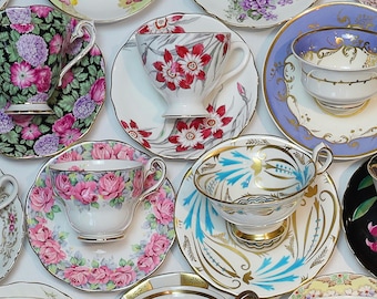 Tea Party Set for 6: ALL VINTAGE Mismatched China Teacups &  Saucers (only 20 USD/person + free ship!)