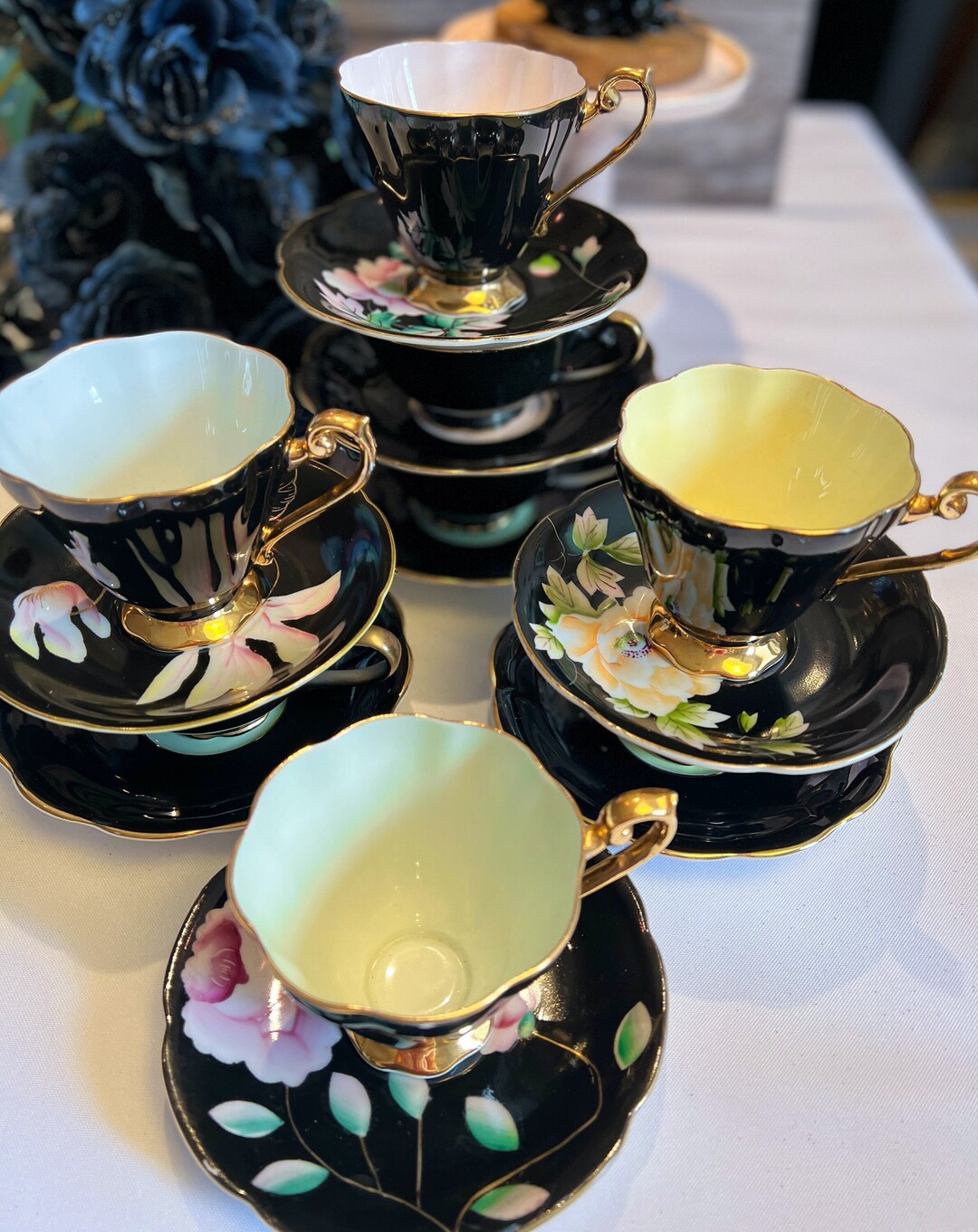 4person Goth & Divination Black Tea Set With Black Teacups