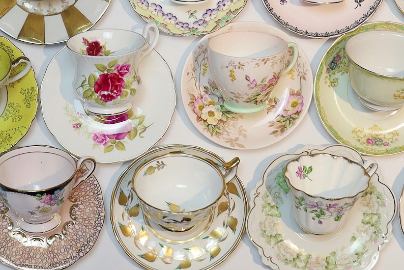 mismatch vintage teacups for tea parties and party favors