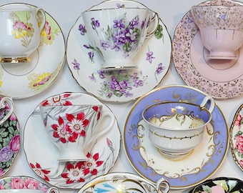 6-person Tea Party Set: ALL VINTAGE Mismatched China Tea Cups for Party Favors