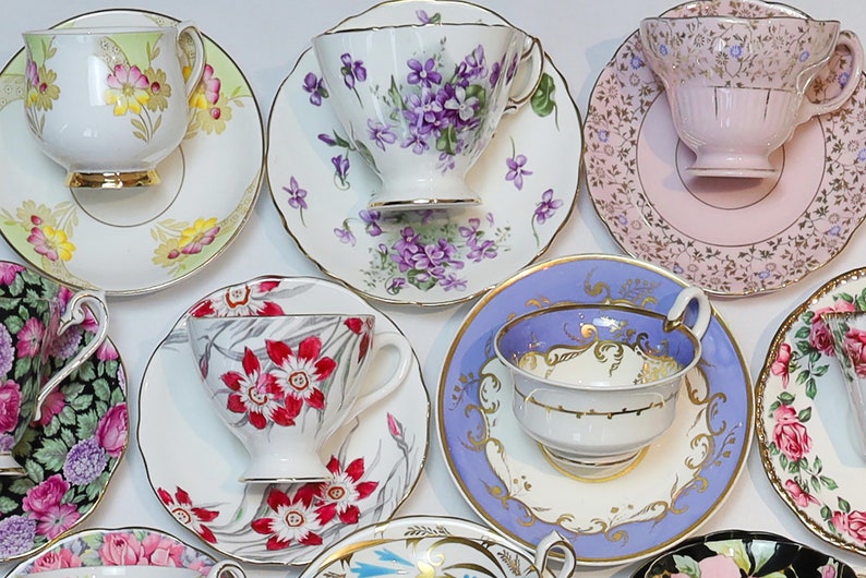 Tea Party Set For 12: ALL VINTAGE Mismatched China Tea Cups, Party Favors image 2