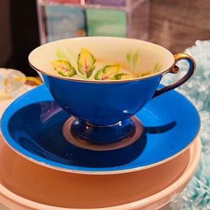 Brilliant Blue Vintage Halsey Teacup with yellow roses; Hand painted; Gift for Mom; Gift for her under 40