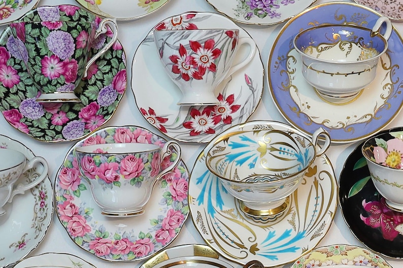 Tea Party Set For 12: ALL VINTAGE Mismatched China Tea Cups, Party Favors image 1