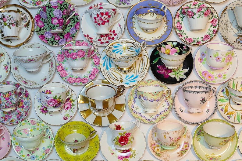 Tea Party Set For 12: ALL VINTAGE Mismatched China Tea Cups, Party Favors image 6