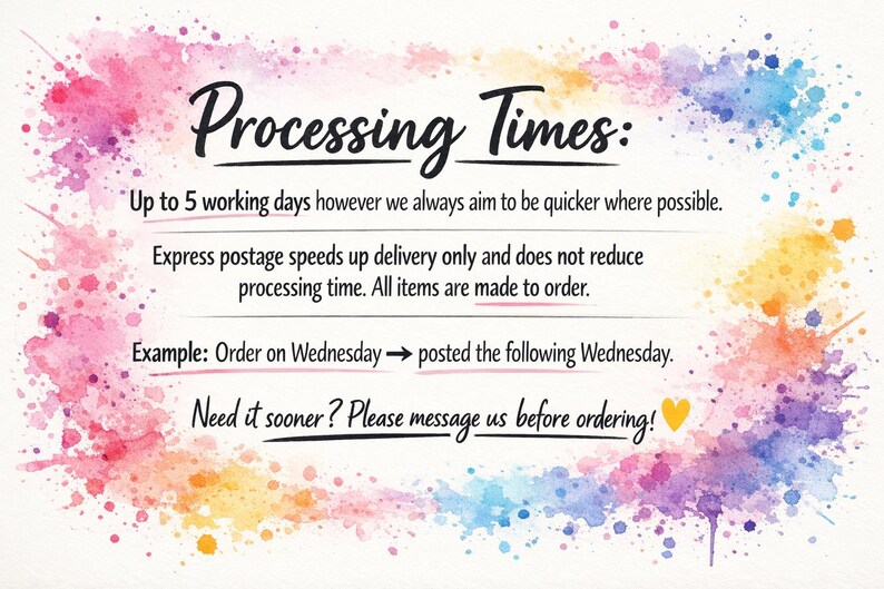 May include: A watercolor-style graphic with text detailing processing times. The text reads "Processing Times: Up to 5 working days..." and includes an example. The background features colorful paint splatters in pink, blue, yellow, and orange.