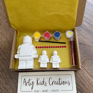 Paint your own Lego man/ brick man set. Kids craft party favours, gift, stocking filler, present, birthday, craft set