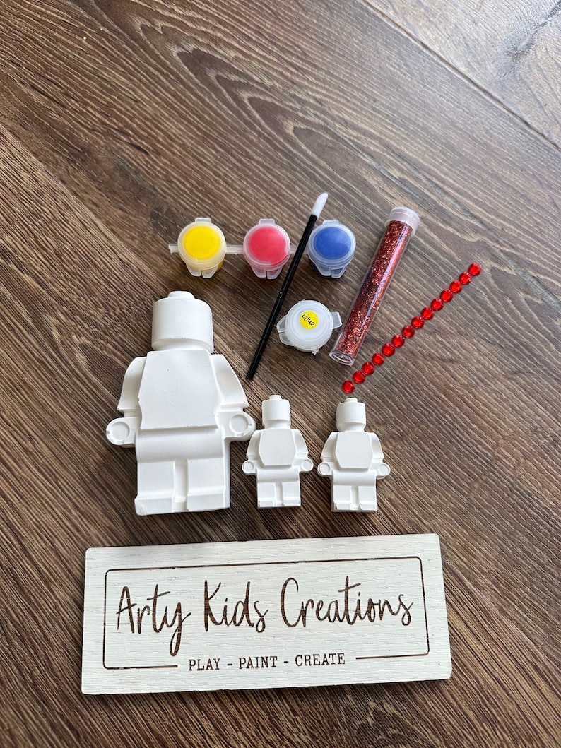 Paint your own Lego man/ brick man set. Kids craft party favours, gift, stocking filler, present, birthday, craft set image 3