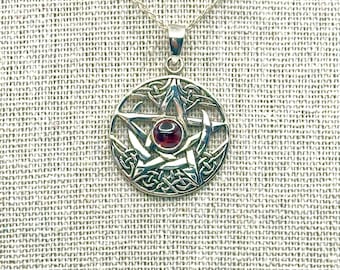 Garnet and Sterling Silver Celtic Pentagram Star and Moon Pendant Necklace Wicca Wiccan Druid Pentacle